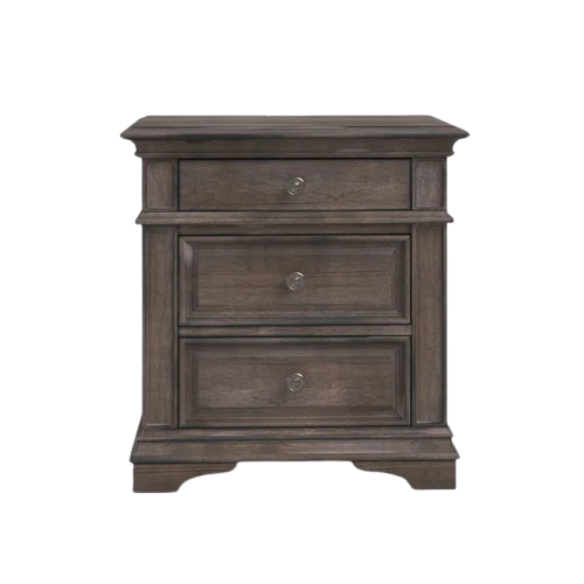 Rustic Driftwood Grey King 5-Piece Bedroom Set – Upholstered Tufted Bed, Nightstand, Dresser with Mirror, and Chest