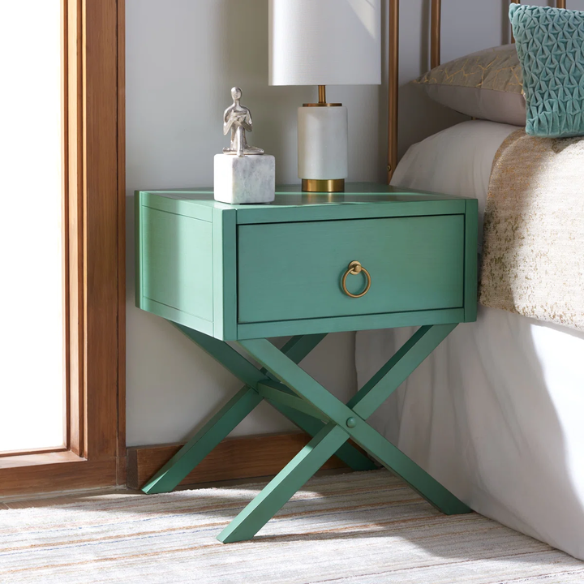 1-Drawer Nightstand – Classic Campaign Style with Contemporary Chic, Acacia Wood Frame, Cross-Base Design, Bold Finish, Gold Drawer Pull, Perfect for Modern Bedrooms