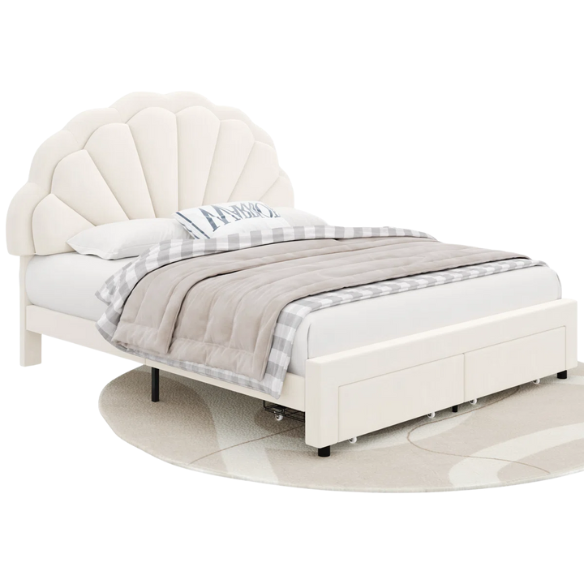 Floral-Inspired Queen Size Upholstered LED Bed Frame with Luxury Velvet, Drawer, and Adjustable Headboard