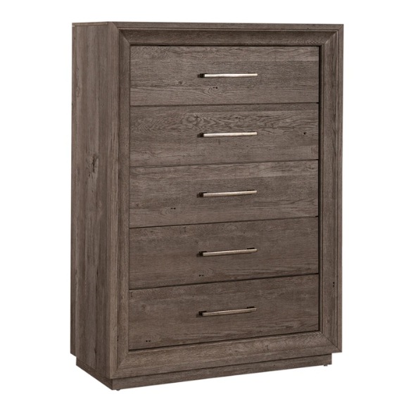 Modern Greystone 4-Piece King Storage Bed, Dresser, Mirror & Nightstand Set with LED Lighting, Built-In Charging Station, and Brushed Nickel Hardware – Floating Panel Headboard and Plinth Base