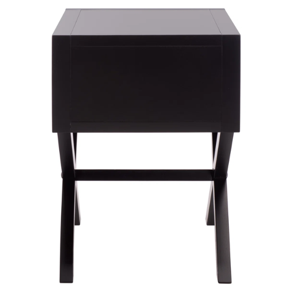 1-Drawer Nightstand – Classic Campaign Style with Contemporary Chic, Acacia Wood Frame, Cross-Base Design, Bold Finish, Gold Drawer Pull, Perfect for Modern Bedrooms