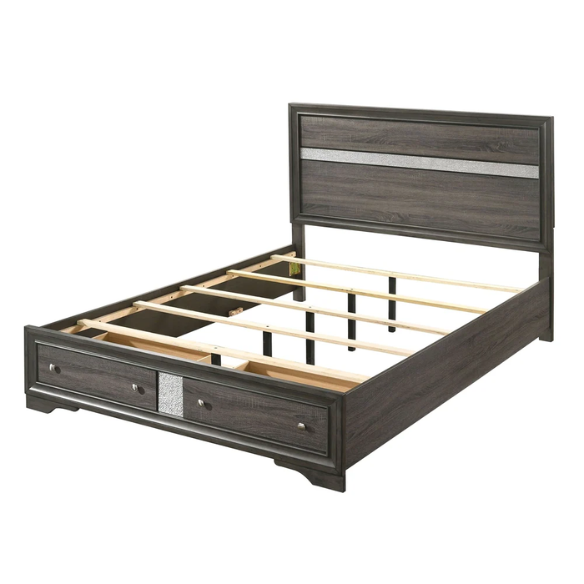 Modern Style 2-Piece Grey Storage Platform Bedroom Set with Panel Bed, Nightstand, and Sleek Silver Accents