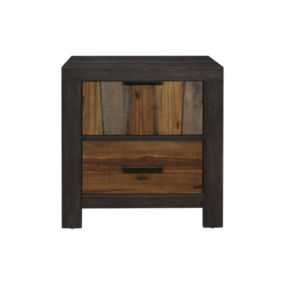 3-Piece Dark Ebony and Rustic Mahogany Modern Panel Bedroom Set – Embossed Faux-Wood Veneer, Rich Acacia Tones, and Dark Metal Hardware