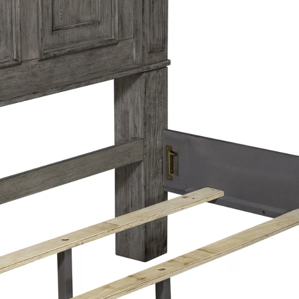 4-Piece Panel Bed, Dresser, Mirror & Nightstand Set with Antique Pewter Accents and Charging Station – Distressed Whitestone Finish, Rubberwood Solids, and Architectural Det