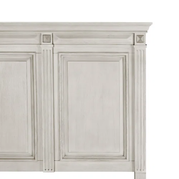 Solid Wood Panel 3-Piece Bedroom Set – Renova Distressed Parchment Wood Panel Bed with Vintage Black Finish, Muted Silver Accents, Fluted Pilasters, and French Bracket Foot Bases – Timeless Traditional Style with Raised Beveled Drawer Fronts