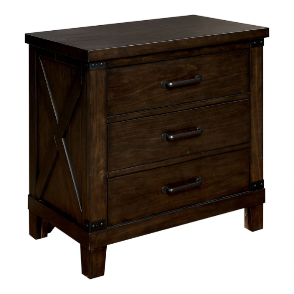 Rustic Dark Walnut 2-Piece King Size Panel Bed and Nightstand Set with X-Shape Accents and Metal Corners