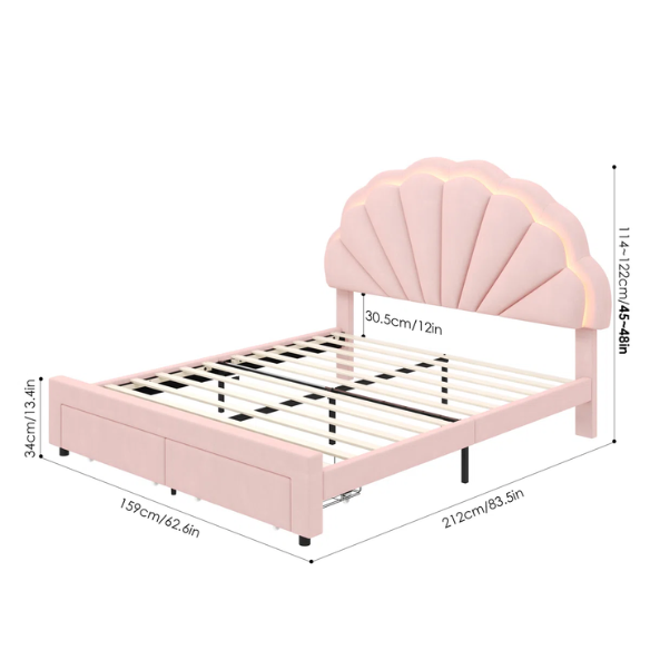 Floral-Inspired Queen Size Upholstered LED Bed Frame with Luxury Velvet, Drawer, and Adjustable Headboard