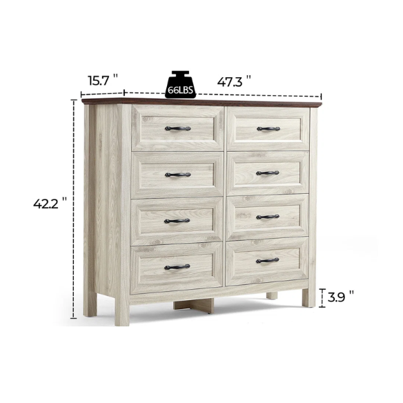 French Country-Inspired 8-Drawer 47.3" Double Dresser with Rustic Finish, Crown Molding, and Tapered Legs
