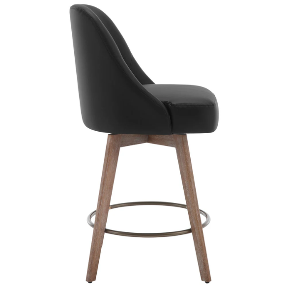 Modern Counter Height Swivel Bar Stool – Upholstered Faux Leather/Polyester Blend Seat, Solid Beech Wood Frame, Ergonomic High Back, Bronze Metal Footrest, 300lb Capacity for Kitchen, Bar, or Pub