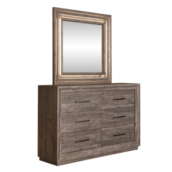 Modern Greystone 4-Piece King Storage Bed, Dresser, Mirror & Nightstand Set with LED Lighting, Built-In Charging Station, and Brushed Nickel Hardware – Floating Panel Headboard and Plinth Base