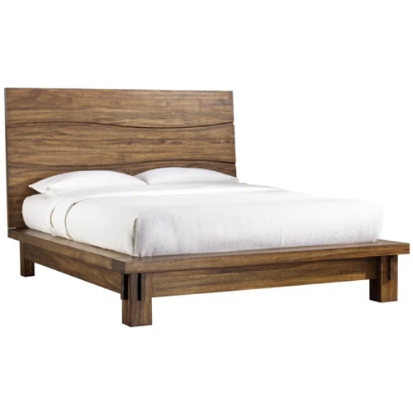 Boho-Inspired Configurable Bedroom Set with Bold Design, Solid Wood Construction, and Wavy Accents - Includes Platform Bed, Nightstand, and 6-Drawer Dresser in Rich Brown Finish