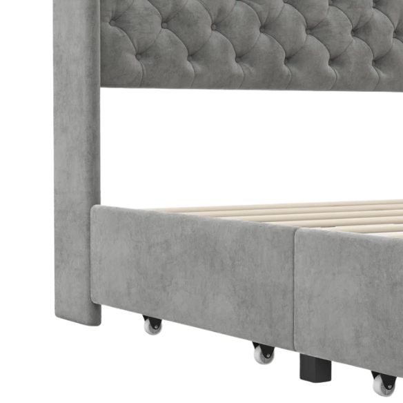 Luxurious King Size Velvet Upholstered Platform Bed with Tufted Camelback Headboard, Nailhead Trim, and 4 Built-In Storage Drawers – Stylish and Functional Bedroom Upgrade
