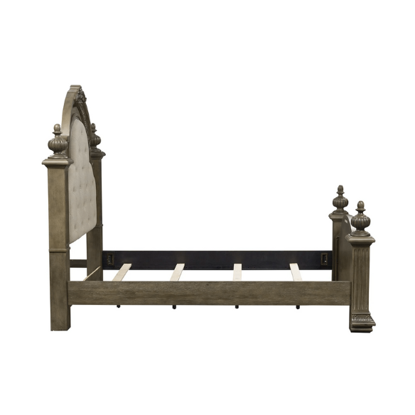 Brown & Beige King Poster Bedroom Set with Dresser, Mirror, Chest & Nightstand – Rustic Hickory Veneers, Sand Linen Upholstery, Antique Brass Accents