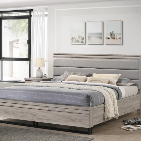Upholstered 5-Piece Bedroom Set with Weathered Gray Finish, LED Piers, and Functional Storage