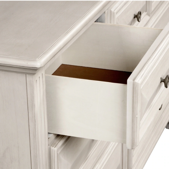 Distressed Parchment Wood Bedroom Set with Panel Bed, Dresser, Mirror, and Nightstand, Featuring Silver Accents and Fluted Pilasters