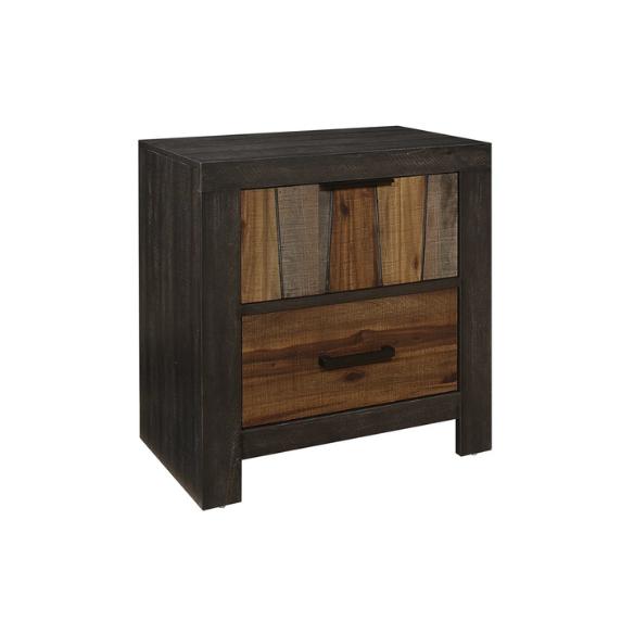 3-Piece Dark Ebony and Rustic Mahogany Modern Panel Bedroom Set – Embossed Faux-Wood Veneer, Rich Acacia Tones, and Dark Metal Hardware