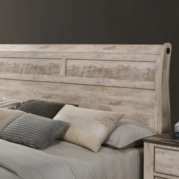 Charming 6-Piece White Wash Finish Bedroom Set with Sleigh Bed, Dresser, Mirror, Nightstands, and Chest – Antique Bronze Accents and Rustic Elegance