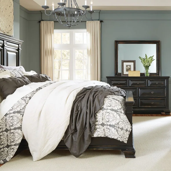 4-Piece Vintage Black Wood Panel Bedroom Set with Distressed Parchment Finish – Traditional Elegance with Silver Accents, Beveled Drawer Fronts, and Brass Rosette Knob Hardware