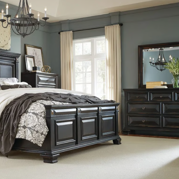 5-Piece King Bedroom Set – Solid Wood Construction with Muted Silver Accents, Fluted Pilasters, French Bracket Foot Bases, and Elegant Dovetail Drawer Detailing for Timeless Sophistication