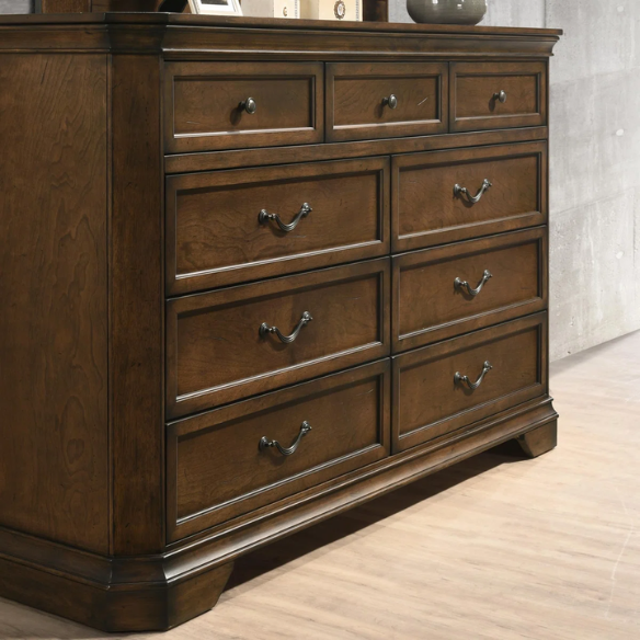 Classic Traditional Wood Queen Panel Bed with Dresser, Mirror, and Two Nightstands in Antique Walnut Finish