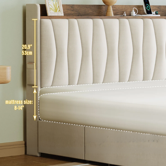 Modern Upholstered King Size Bed Frame with 3 Storage Drawers, Soft Foam Headboard, and Built-in Charging Station