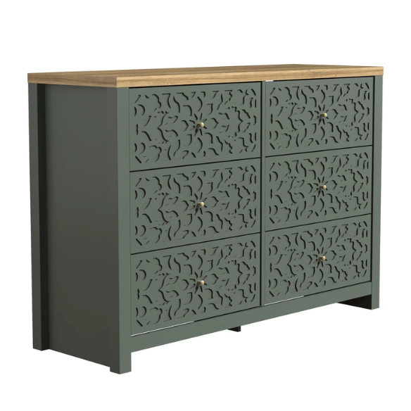 Boho-Inspired 45.4" 6-Drawer Dresser with Distressed Finish and Openwork Floral Details