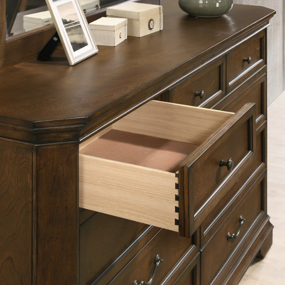 Transitional 6-Piece Bedroom Set with Panel Bed, Dresser, Mirror, Chest, and Nightstands – Featuring Trio Panel Headboard and Footboard, Dust-Proof Drawers, Dual-Tone Finish, and Dark Nickel Hardware for a Stylish and Functional Bedroom