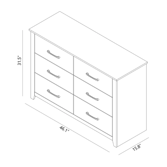 Modern 6-Drawer Double Dresser with Flared Feet and Sleek Black Metal Handles