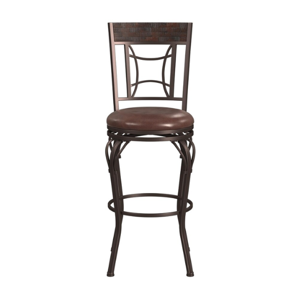 Metal Swivel Stool – Dark Chestnut Finish with Distressed Wood Rail, Geometric Back Design, Antique Brown Faux Leather Seat, 360° Swivel, Counter & Bar Height Options