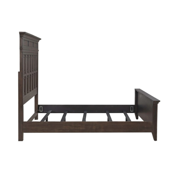 Rustic Elegance 3-Piece King Panel Bed, Dresser & Mirror Set in Saddle Brown – Crafted with Rubberwood and Split Heart White Oak Veneers, Soft-Close Drawers, Cedar Lining, Antique Pewter Hardware, and Crown Molding Details