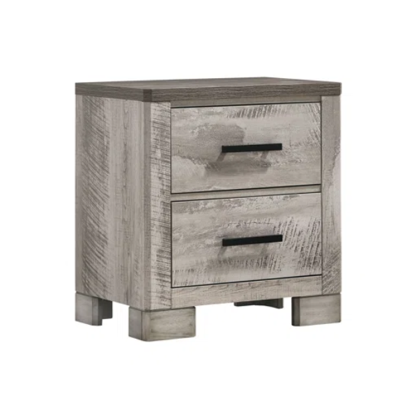 Coastal Farmhouse-Inspired King Size Bedroom Set: Distressed Whitewash Finish with Natural Brown Accents – Includes Platform Bed, 2-Drawer Nightstand, 7-Drawer Dresser with Mirror, and Optional 5-Drawer Chest for Complete Storage Solution