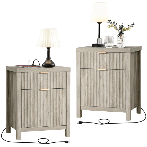 2-Drawer Nightstand with Built-In Outlets – Fluted Panels, Wood Grain Finish, Modern Design, Charging Station with 2 AC Outlets, USB & USB-C Ports, 4.9-Foot Power Cord, Set of 2