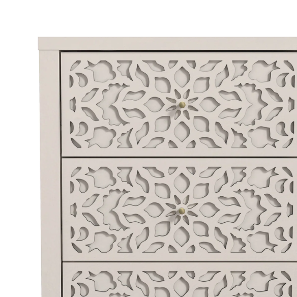 Boho-Inspired 45.4" 6-Drawer Dresser with Distressed Finish and Openwork Floral Details