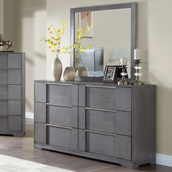 Modern 5-Piece Grey Wood Storage Platform Bedroom Set with LED Headboard Lights and Dovetail Drawers