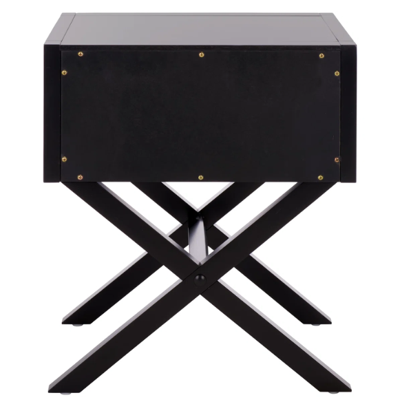 1-Drawer Nightstand – Classic Campaign Style with Contemporary Chic, Acacia Wood Frame, Cross-Base Design, Bold Finish, Gold Drawer Pull, Perfect for Modern Bedrooms
