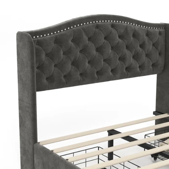 Luxurious King Size Velvet Upholstered Platform Bed with Tufted Camelback Headboard, Nailhead Trim, and 4 Built-In Storage Drawers – Stylish and Functional Bedroom Upgrade