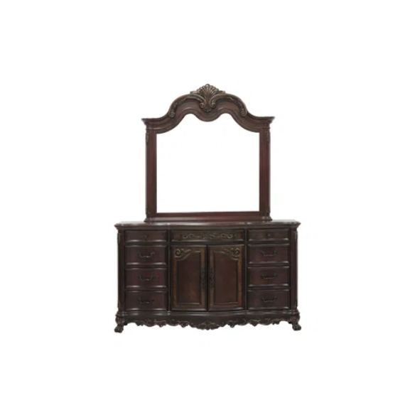 4-Piece Configurable Bedroom Set with Solid Cherry Wood Construction, Antique Walnut Veneer, Crown Molding, Carved Claw Feet, and Ample Storage - Includes Bed, Dresser, Nightstand, and Matching Mirror