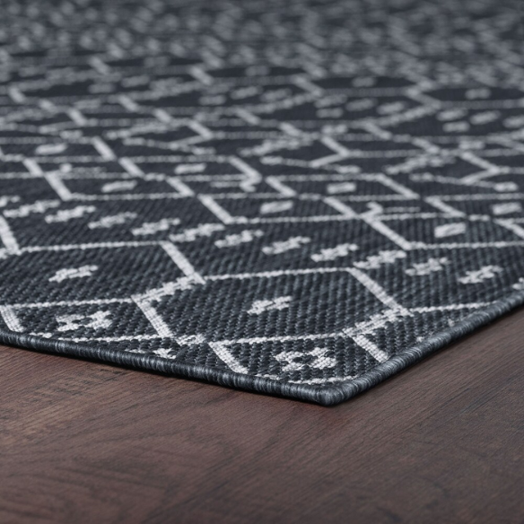 Boho-Inspired Charcoal & Light Grey Geometric Rug – Fade & Stain-Resistant, Low-Pile, Perfect for High-Traffic Indoor/Outdoor Spaces