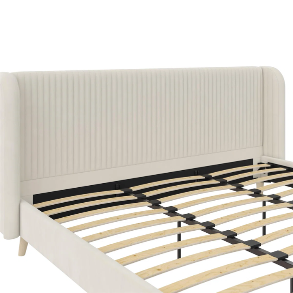 King Size Upholstered Wingback Platform Bed – Luxe Velvet Headboard with Vertical Tufting, Mid-Century Modern Design, and Space-Saving Wooden Frame