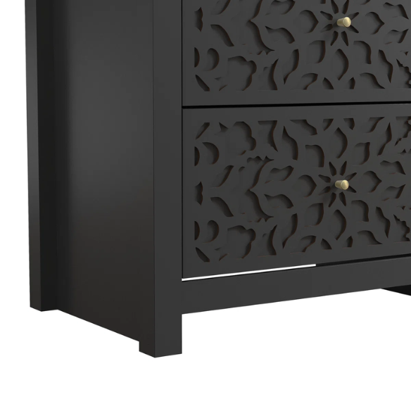 Boho-Inspired 45.4" 6-Drawer Dresser with Distressed Finish and Openwork Floral Details