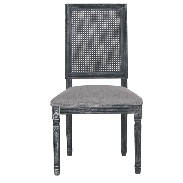 French Country Wood and Cane Upholstered Dining Chairs – Weathered Rubberwood Frame with Fluted Legs & Rectangular Cane Backrest