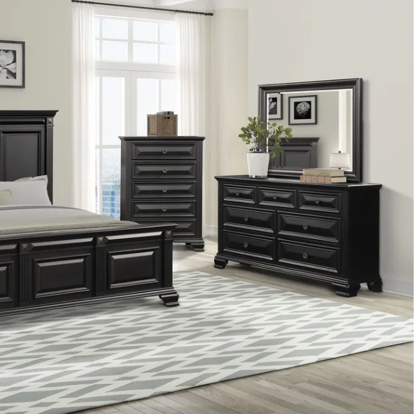 Timeless Vintage Black Wood 6-Piece Traditional Bedroom Set with Double-Panel Bed, Silvertone Accents, and Fluted Pilasters