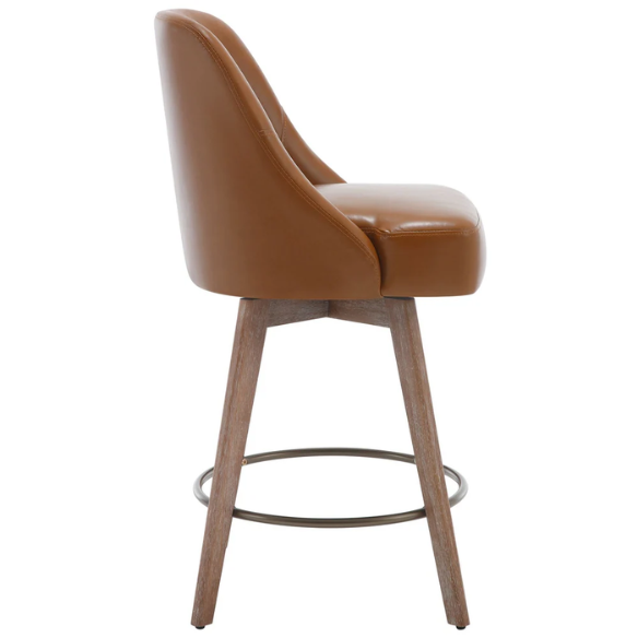 Modern Counter Height Swivel Bar Stool – Upholstered Faux Leather/Polyester Blend Seat, Solid Beech Wood Frame, Ergonomic High Back, Bronze Metal Footrest, 300lb Capacity for Kitchen, Bar, or Pub