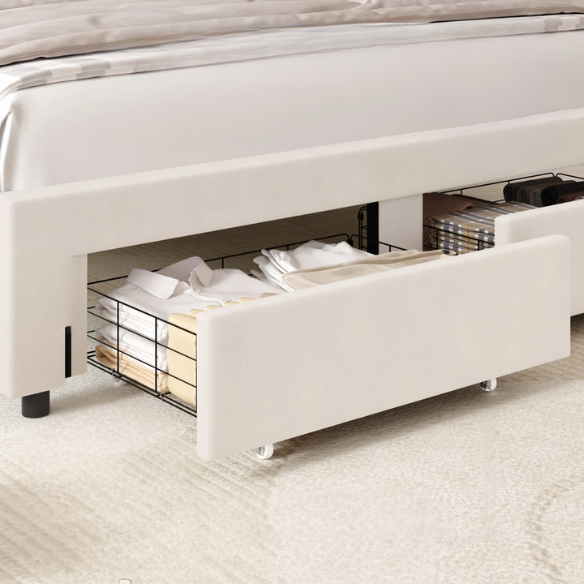 Floral-Inspired Queen Size Upholstered LED Bed Frame with Luxury Velvet, Drawer, and Adjustable Headboard