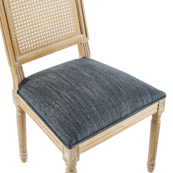 French Country Wood and Cane Upholstered Dining Chairs – Weathered Rubberwood Frame with Fluted Legs & Rectangular Cane Backrest