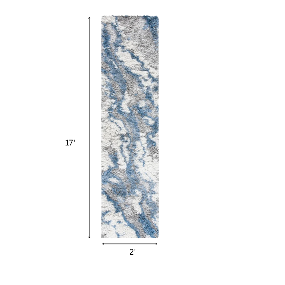 Plush Abstract Blue, Grey, and White Pattern Shag Rug