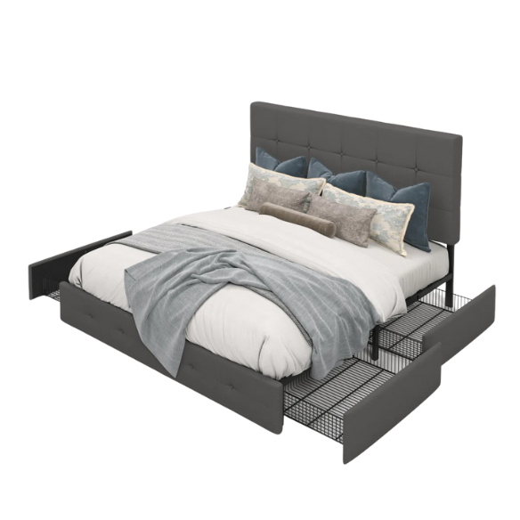 Button Tufted Upholstered Platform Storage Bed – Full Double Size with Spacious Drawers