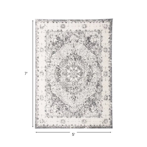 Distressed Oriental-Inspired Indoor Rug – Gray, Silver & Ivory Medallion Pattern, Stain-Resistant, Fade-Resistant, Perfect for Traditional & French Country Décor