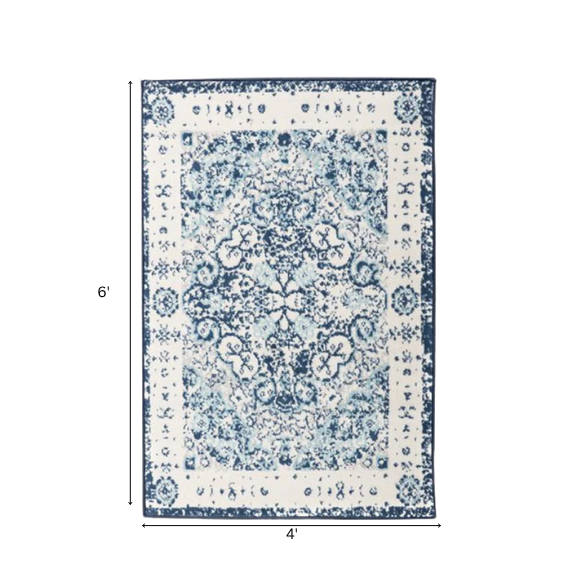 Distressed Oriental-Inspired Indoor Rug – Blue and White Medallion Pattern, Stain-Resistant, Fade-Resistant, Perfect for Traditional & French Country Décor