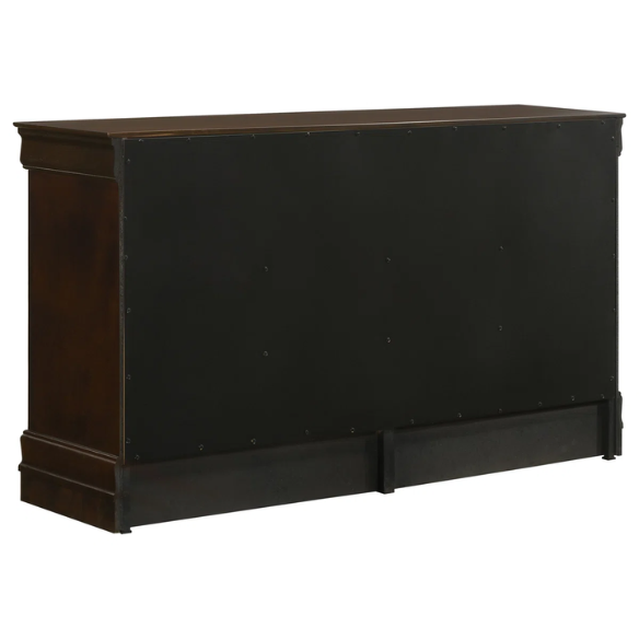 5-Piece Bedroom Set – Traditional Style with Flared Headboard, Dovetail Construction, Silver Bail Handles, and Spacious Storage – Crafted from Select Hardwoods and Veneers in a Warm Cappuccino Finish – Includes Bed, Nightstand, Dresser, Chest, and Mirror